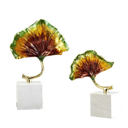 Iridescent gold & green ginkgo leaf metal sculpture living room decor