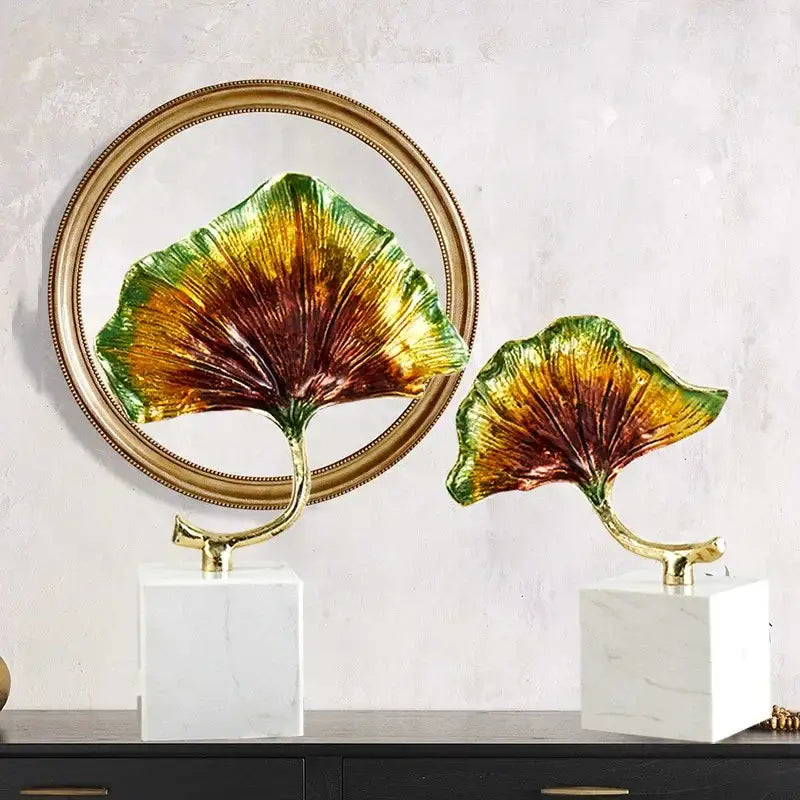 Iridescent gold & green ginkgo leaf metal sculpture living room decor