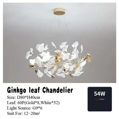 Modern white & gold ginkgo leaf pendant chandelier for living room