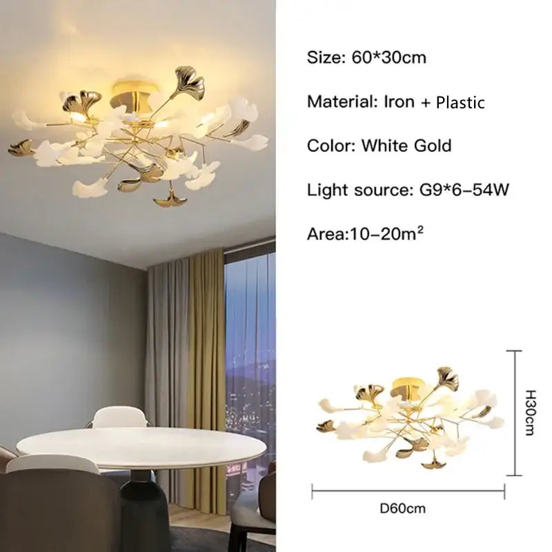 Modern white & gold ginkgo leaf pendant chandelier for living room