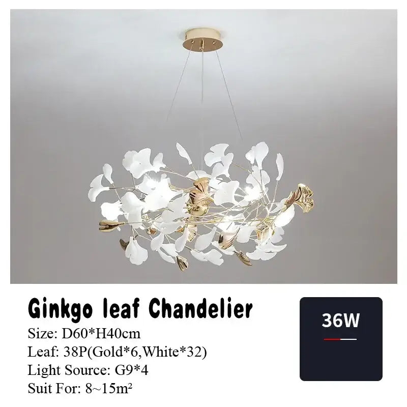 Modern white & gold ginkgo leaf pendant chandelier for living room