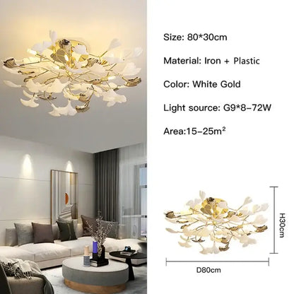 Modern white & gold ginkgo leaf pendant chandelier for living room