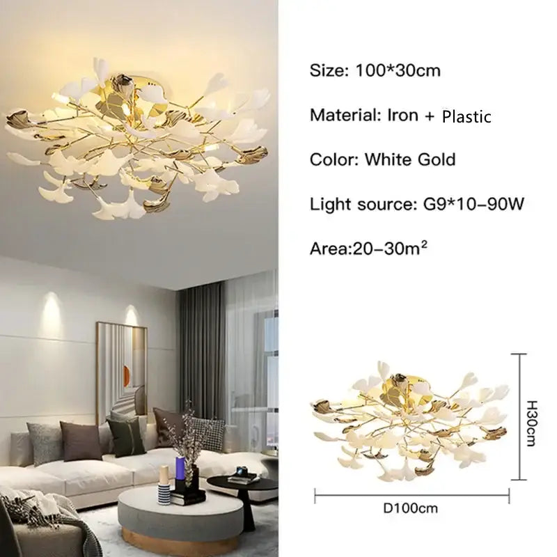 Modern white & gold ginkgo leaf pendant chandelier for living room