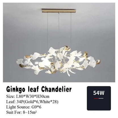 Modern white & gold ginkgo leaf pendant chandelier for living room