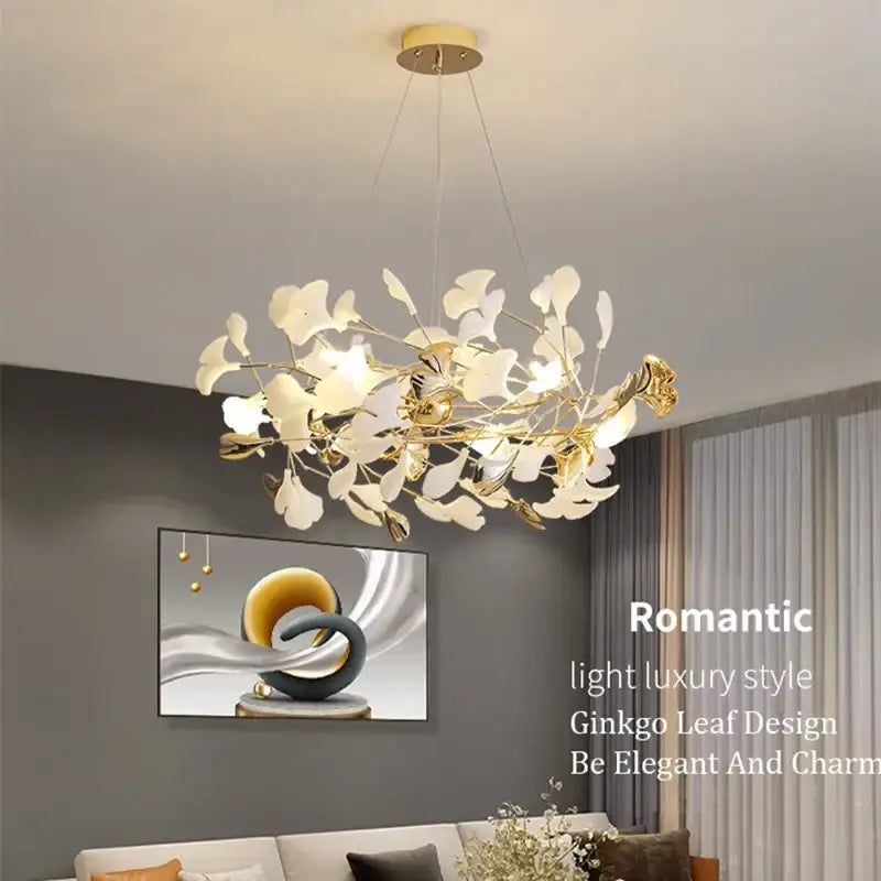 Modern white & gold ginkgo leaf pendant chandelier for living room