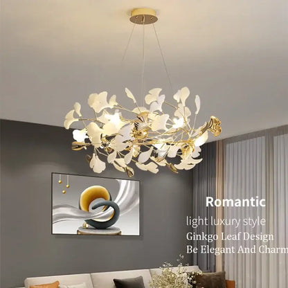 Modern white & gold ginkgo leaf pendant chandelier for living room