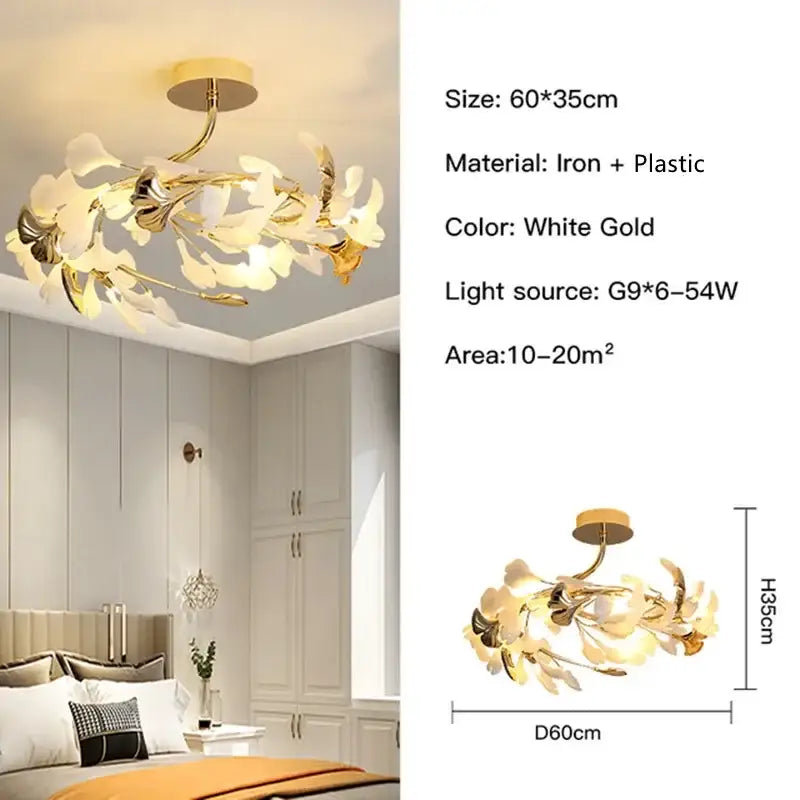 Modern white & gold ginkgo leaf pendant chandelier for living room