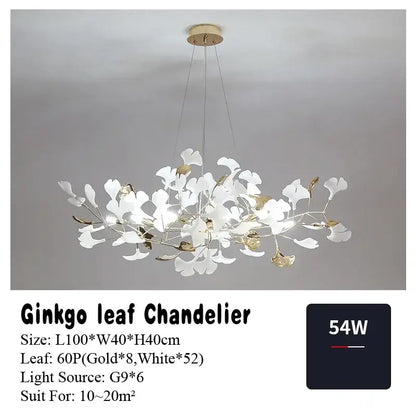Modern white & gold ginkgo leaf pendant chandelier for living room