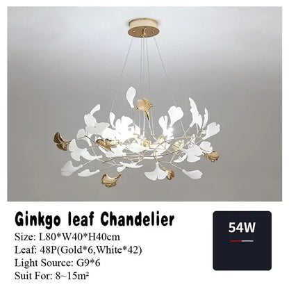 Modern white & gold ginkgo leaf pendant chandelier for living room