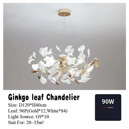 Modern white & gold ginkgo leaf pendant chandelier for living room