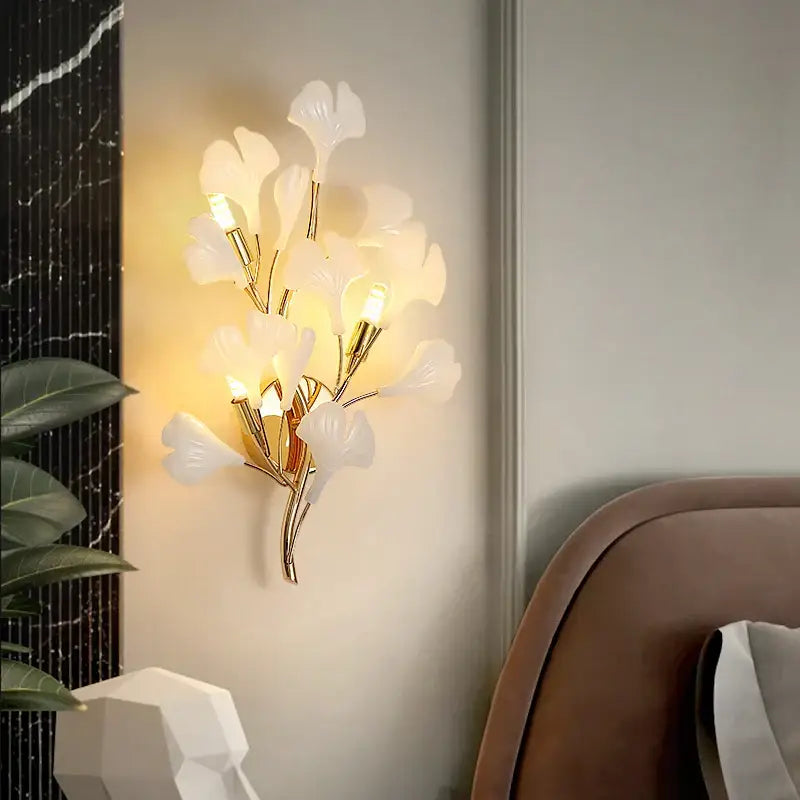 Modern luxury white glass ginkgo leaf wall lamp for bedroom