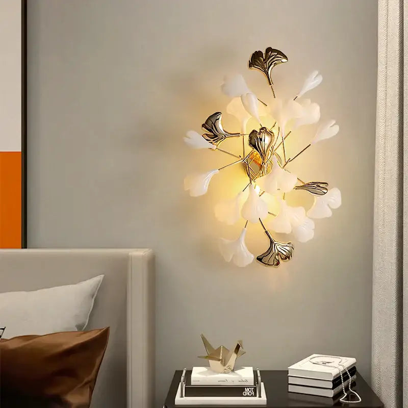 Modern luxury white glass ginkgo leaf wall lamp for bedroom