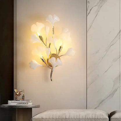 Modern luxury white glass ginkgo leaf wall lamp for bedroom