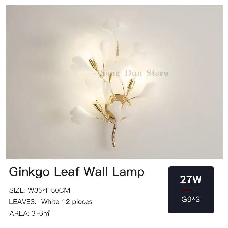 Modern luxury white glass ginkgo leaf wall lamp for bedroom