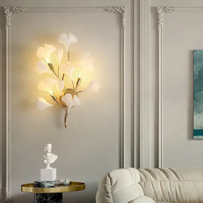 Modern luxury white glass ginkgo leaf wall lamp for bedroom