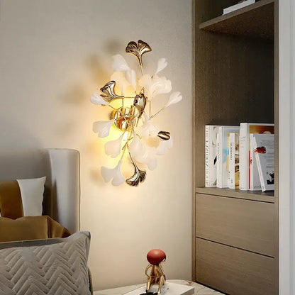 Modern luxury white glass ginkgo leaf wall lamp for bedroom
