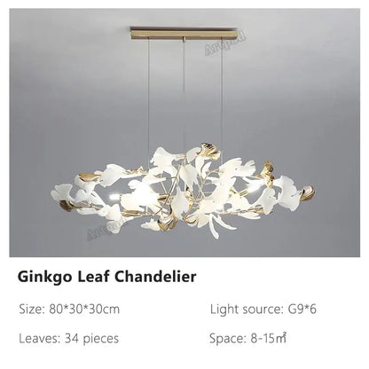 Modern gold & white ginkgo leaves chandelier living room pendant light