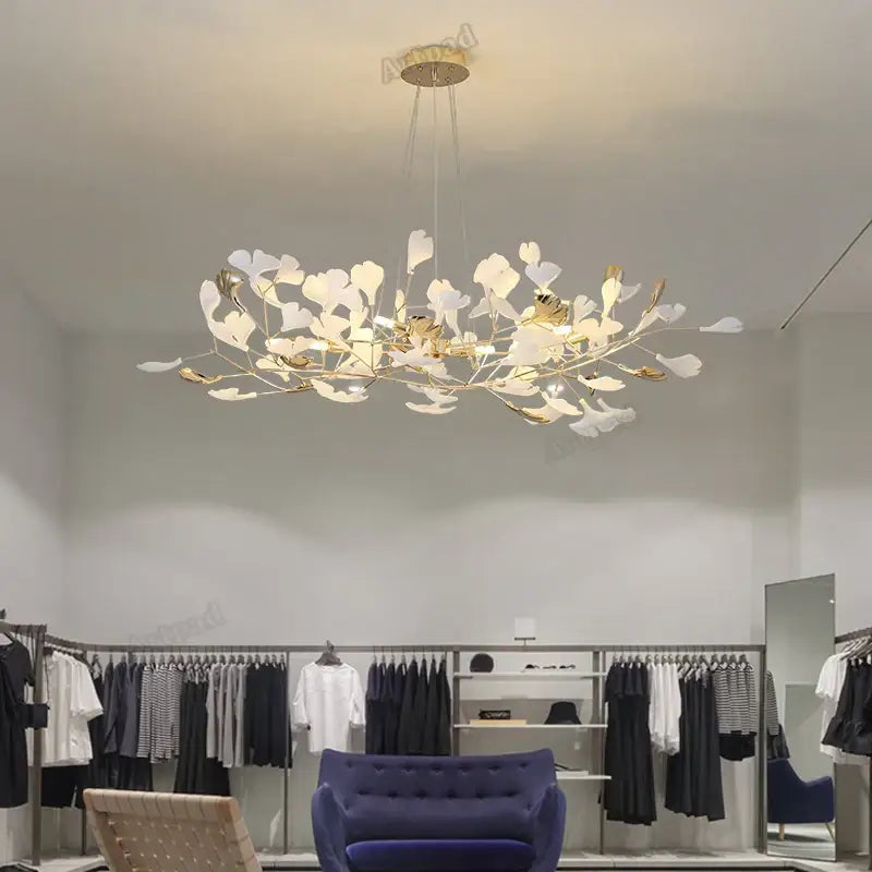 Modern gold & white ginkgo leaves chandelier living room pendant light