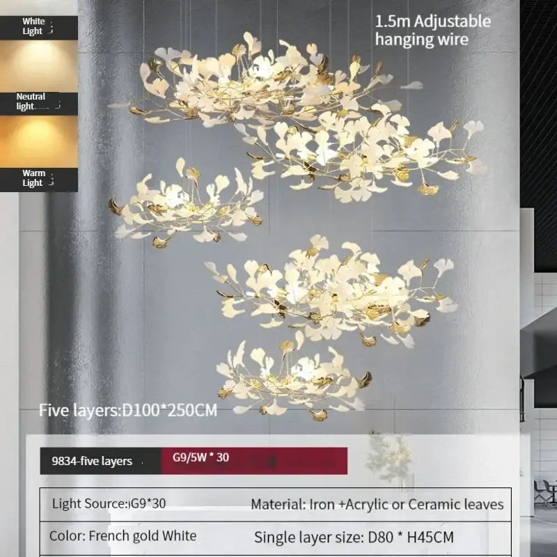 Modern gold & white ginkgo leaves chandelier living room pendant light