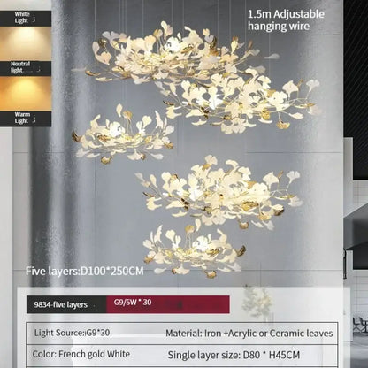 Modern gold & white ginkgo leaves chandelier living room pendant light