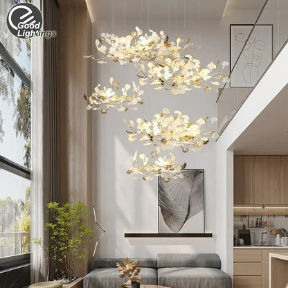 Modern gold & white ginkgo leaves chandelier living room pendant light