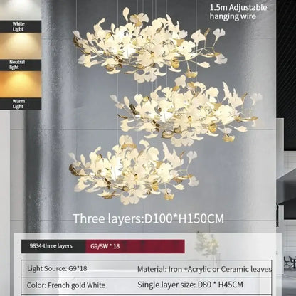 Modern gold & white ginkgo leaves chandelier living room pendant light