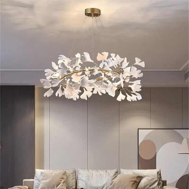 Modern gold & white ginkgo leaves chandelier living room pendant light