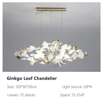 Modern gold & white ginkgo leaves chandelier living room pendant light