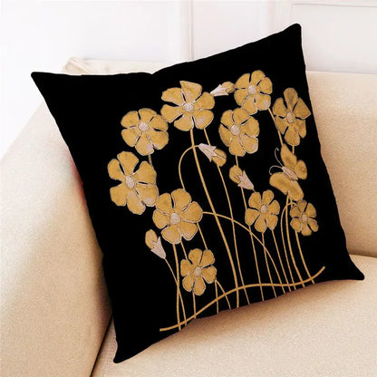 Teal and gold ginkgo leaves linen cushion cover living room
