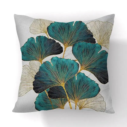 Modern teal and gold ginkgo leaves print sofa pillowcase living room