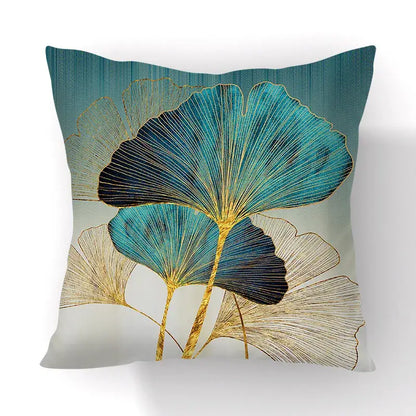 Modern teal and gold ginkgo leaves print sofa pillowcase living room