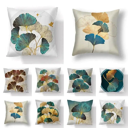 Modern teal and gold ginkgo leaves print sofa pillowcase living room