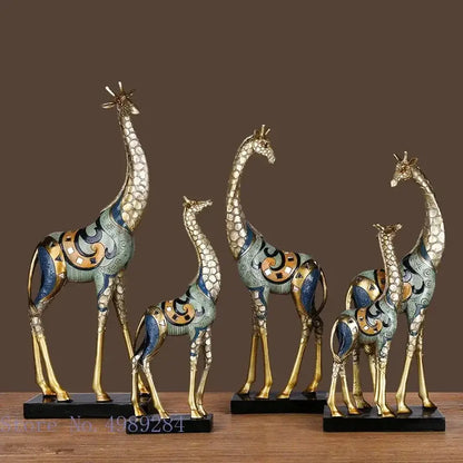 Modern teal & gold giraffe mother sculpture living room decor