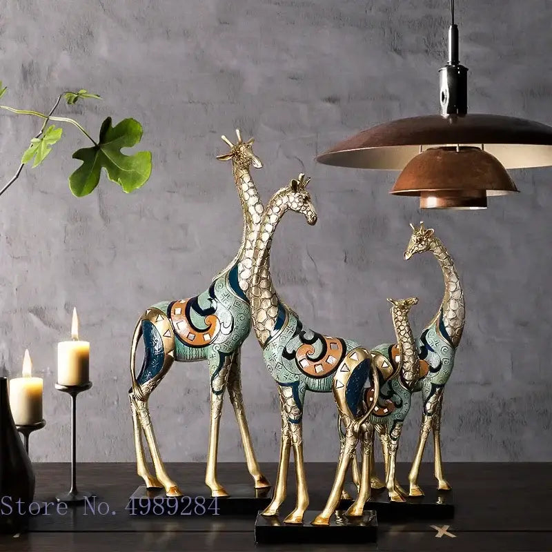 Modern teal & gold giraffe mother sculpture living room decor