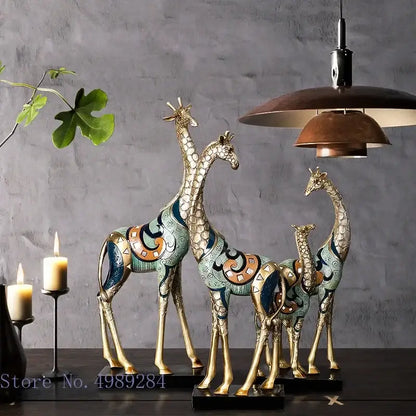 Modern teal & gold giraffe mother sculpture living room decor
