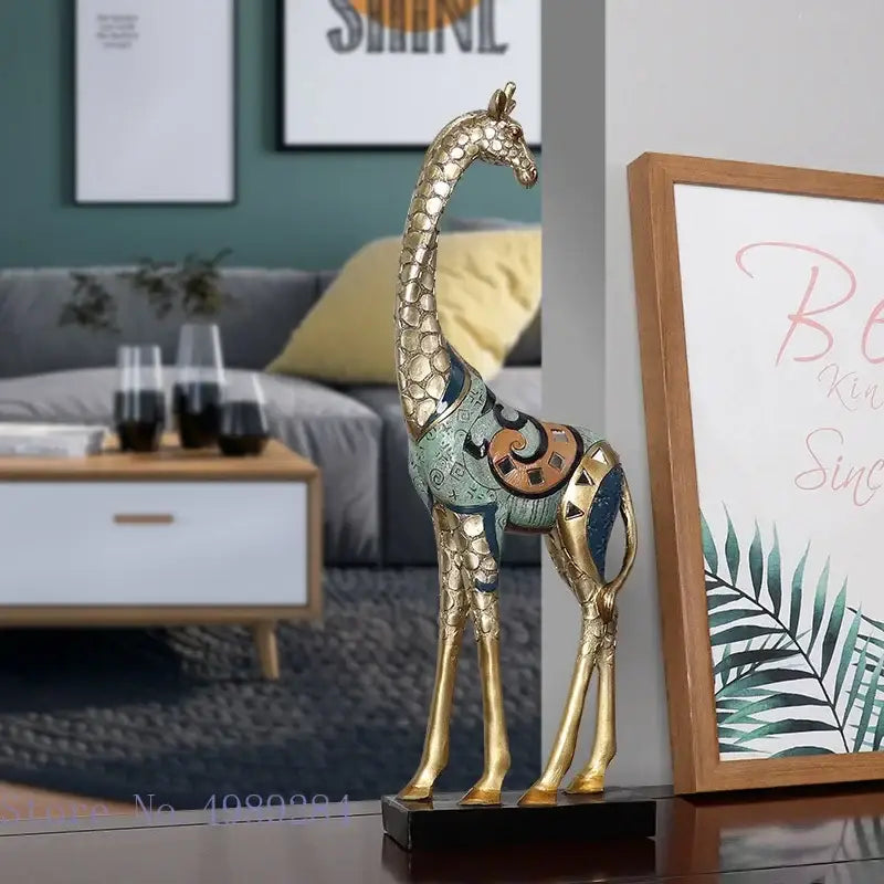 Modern teal & gold giraffe mother sculpture living room decor