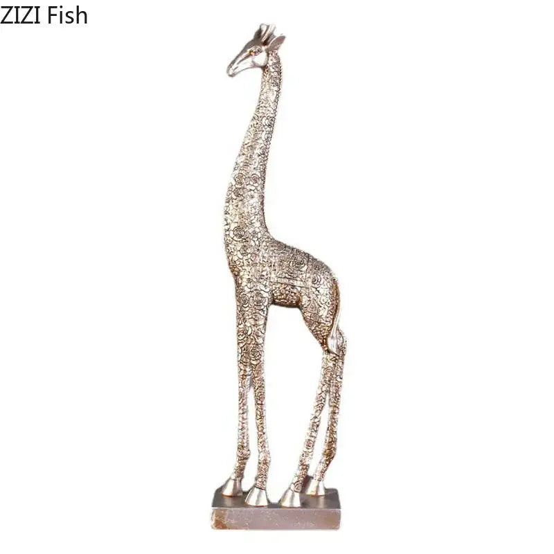 Silver floral embossed giraffe resin statue living room decor