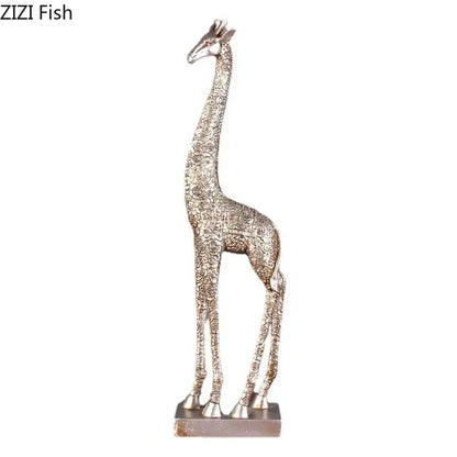 Silver floral embossed giraffe resin statue living room decor