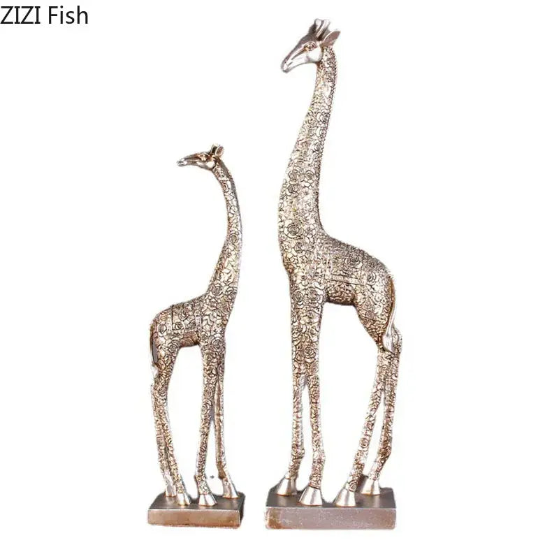 Silver floral embossed giraffe resin statue living room decor