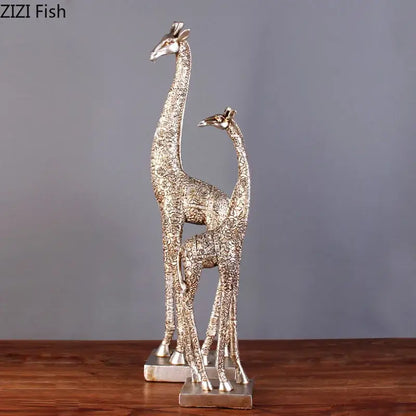 Silver floral embossed giraffe resin statue living room decor