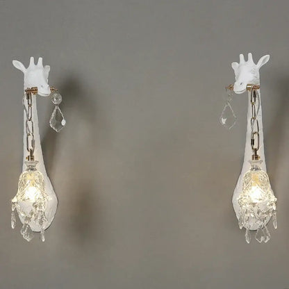 White giraffe resin wall lamp with crystal pendant bedroom sconce