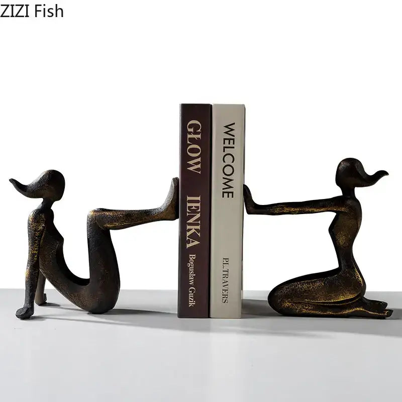 Abstract bronze and gold girl statue bookends library decor