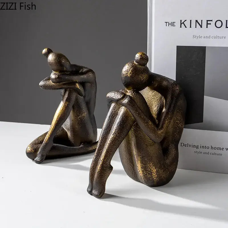 Abstract bronze and gold girl statue bookends library decor