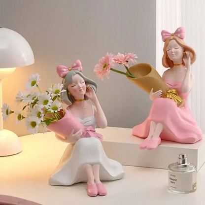 Elegant pink & white girl statues vase ornaments office decor