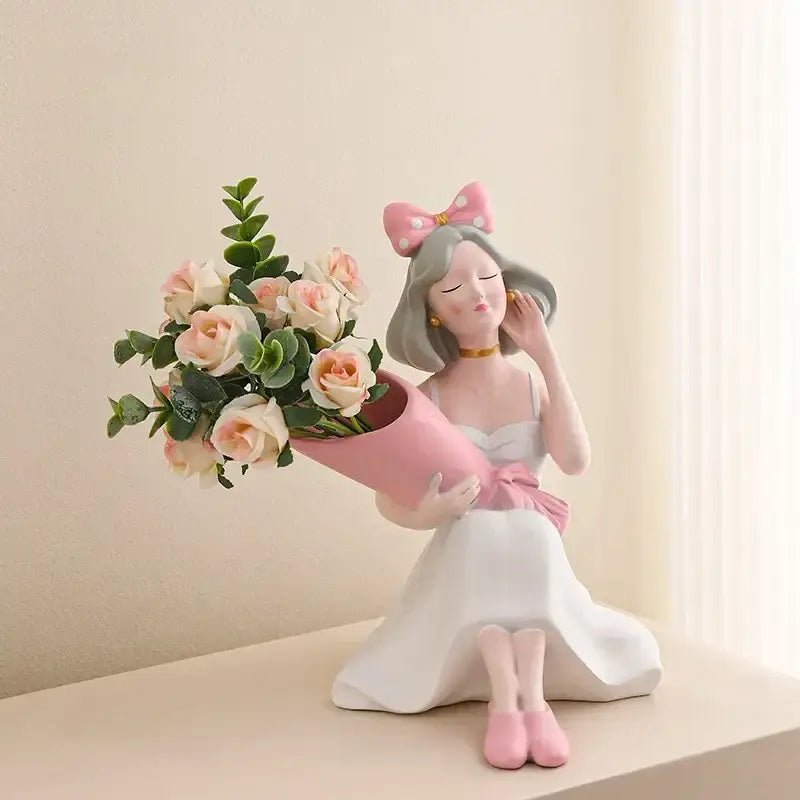 Elegant pink & white girl statues vase ornaments office decor