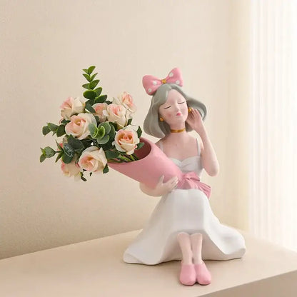 Elegant pink & white girl statues vase ornaments office decor