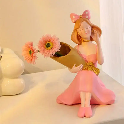 Elegant pink & white girl statues vase ornaments office decor