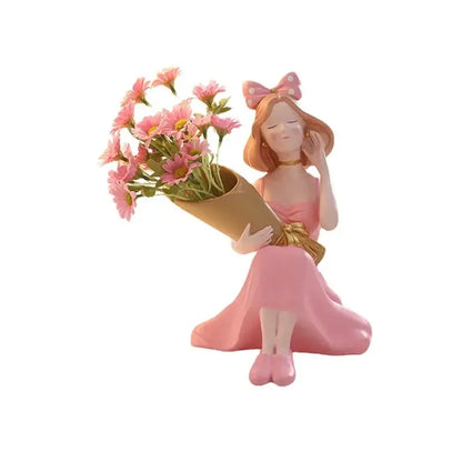 Elegant pink & white girl statues vase ornaments office decor