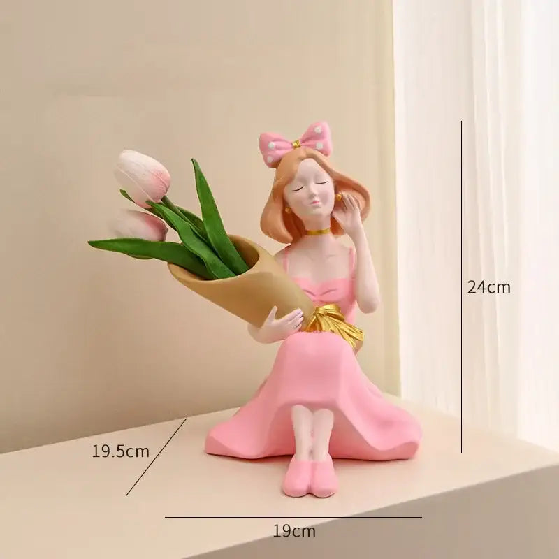 Elegant pink & white girl statues vase ornaments office decor
