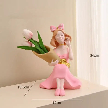 Elegant pink & white girl statues vase ornaments office decor